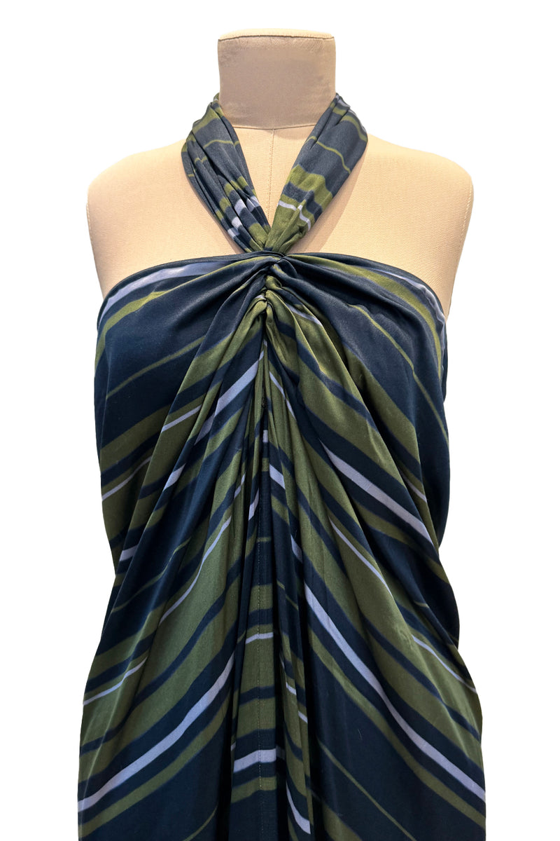 Gorgeous 2014 Lanvin by Alber Elbaz Deep Green & Navy Silk Striped Sarong Dress w Tie Halter