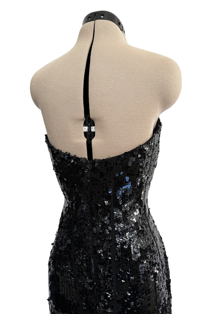 Fantastic 1980s Bob Mackie Strapless Glossy Black Sequin Stretch Dress w Back Kick Skirt
