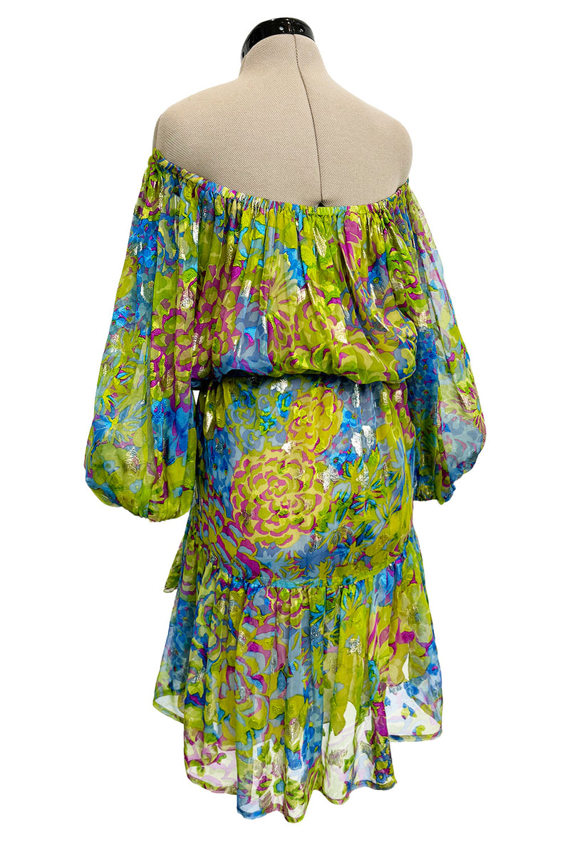 Spectacular Spring 1990 Yves Saint Laurent Runway Adjustable Length Metallic Silk Chiffon Dress