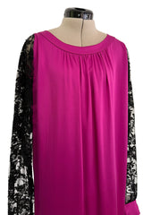 Flapper Inspired 1980s Yves Saint Laurent Easy Fit Brilliant Pink Silk Dress w Black Floral Lace Sleeves