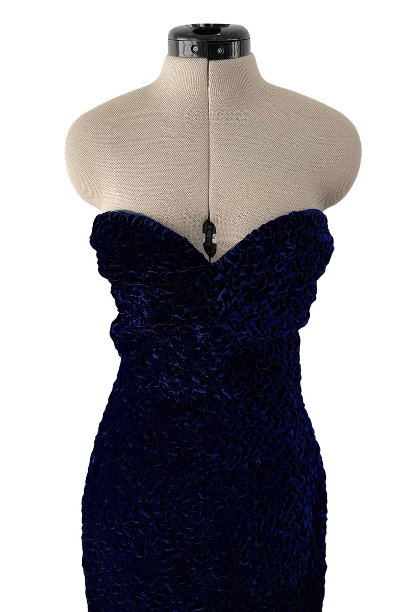 Fantastic Fall 1986 Yves Saint Laurent Runway Strapless Deep Purple-Blue Hand Gathered Velvet Dress