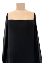 Minimalist c.1978 Pierre Cardin Haute Couture Black Silk Chiffon Dress w Huge Balloon Sleeves