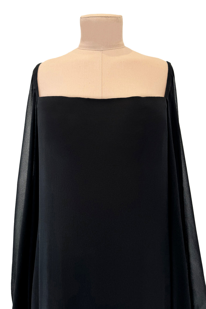 Minimalist c.1978 Pierre Cardin Haute Couture Black Silk Chiffon Dress w Huge Balloon Sleeves