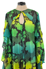 Magical 1970s Jean Varon Green Printed Dress w Elaborate Ruffled Sleeves