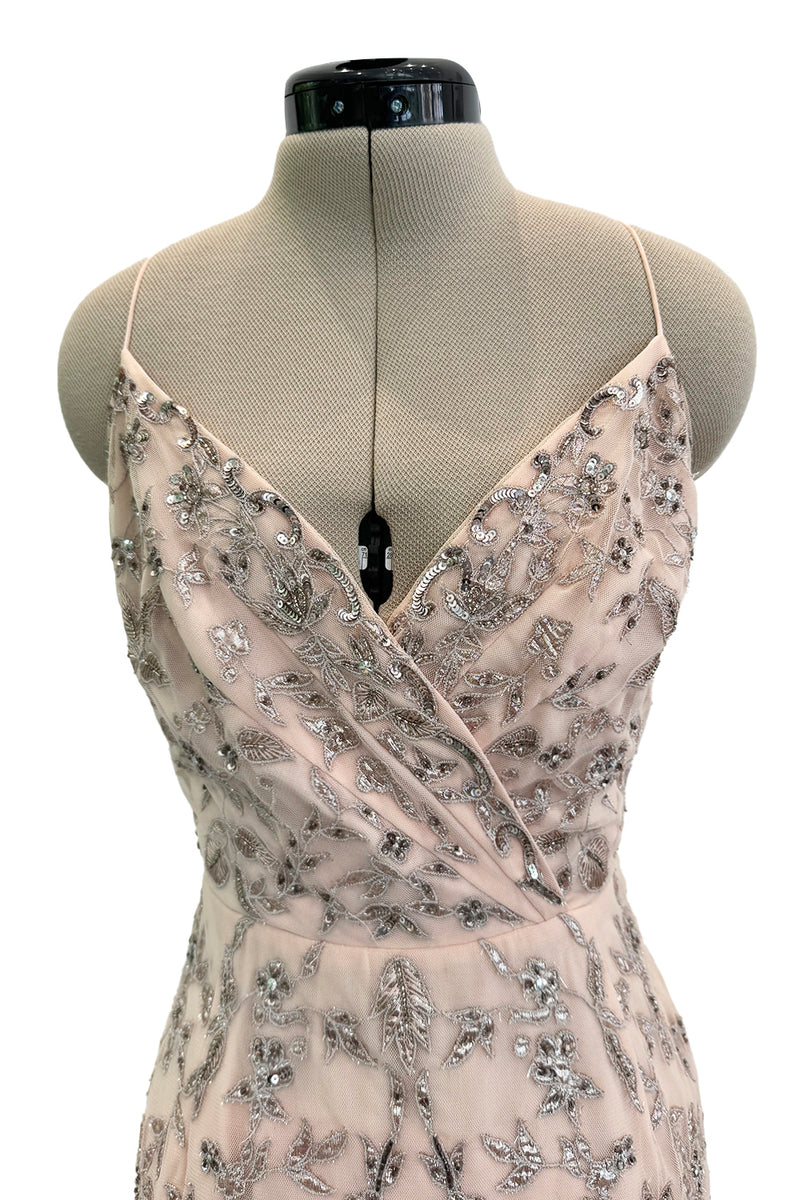 Dreamy Spring 2012 Oscar de la Renta Runway Look 47 Nude Pink Feather Dress w Silver Thread Flowers Detailing