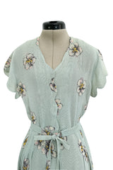 Prettiest 1930s Unlabeled Blue Handpainted Floral Dress Made of Unusual Woven Fabric