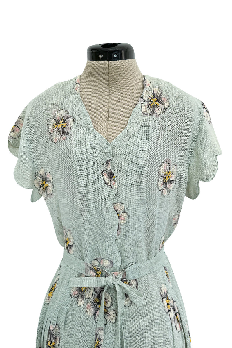 Prettiest 1930s Unlabeled Blue Handpainted Floral Dress Made of Unusual Woven Fabric