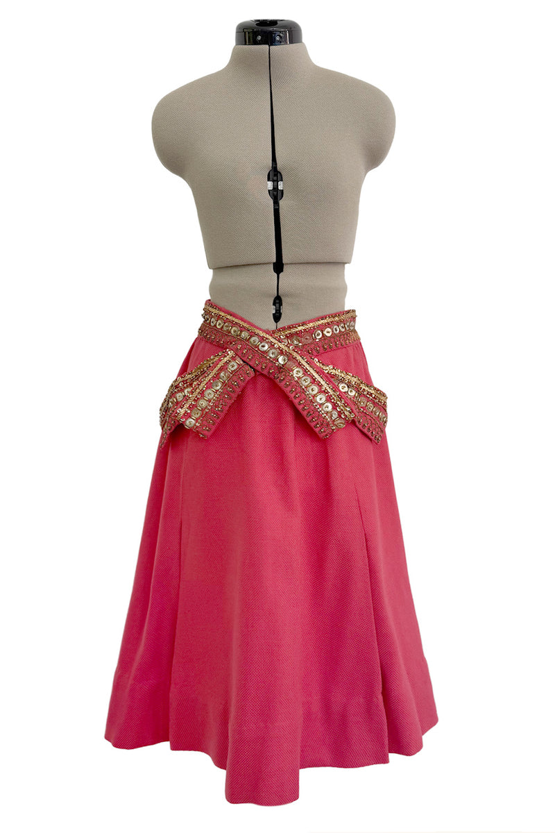 1950s Unlabeled Lanvin-Castillo Couture Elaborate Gold Beaded Pink Waffle Weave Top & Skirt