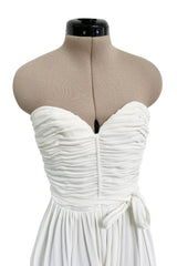 1970s Loris Azzaro White Stretch Jersey Strapless Jumpsuit w Gathered Bodice & Draped Pants