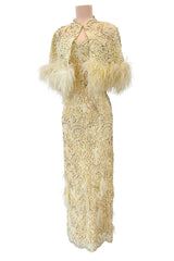 Fabulous 1950s Unlabeled Pearl, Bead & Feather Detailed Yellow Lace Dress w Matching Cape