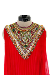 Prettiest Unlabeled 1960s Red Pleated Chiffon Dress w Densely Beaded & Sequin Bib Collar