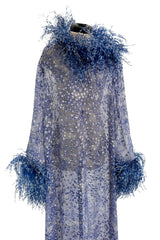 1970s Unlabeled Printed Silk Chiffon Dress w Gold & Silver Thread & Feather Collar & Cuffs