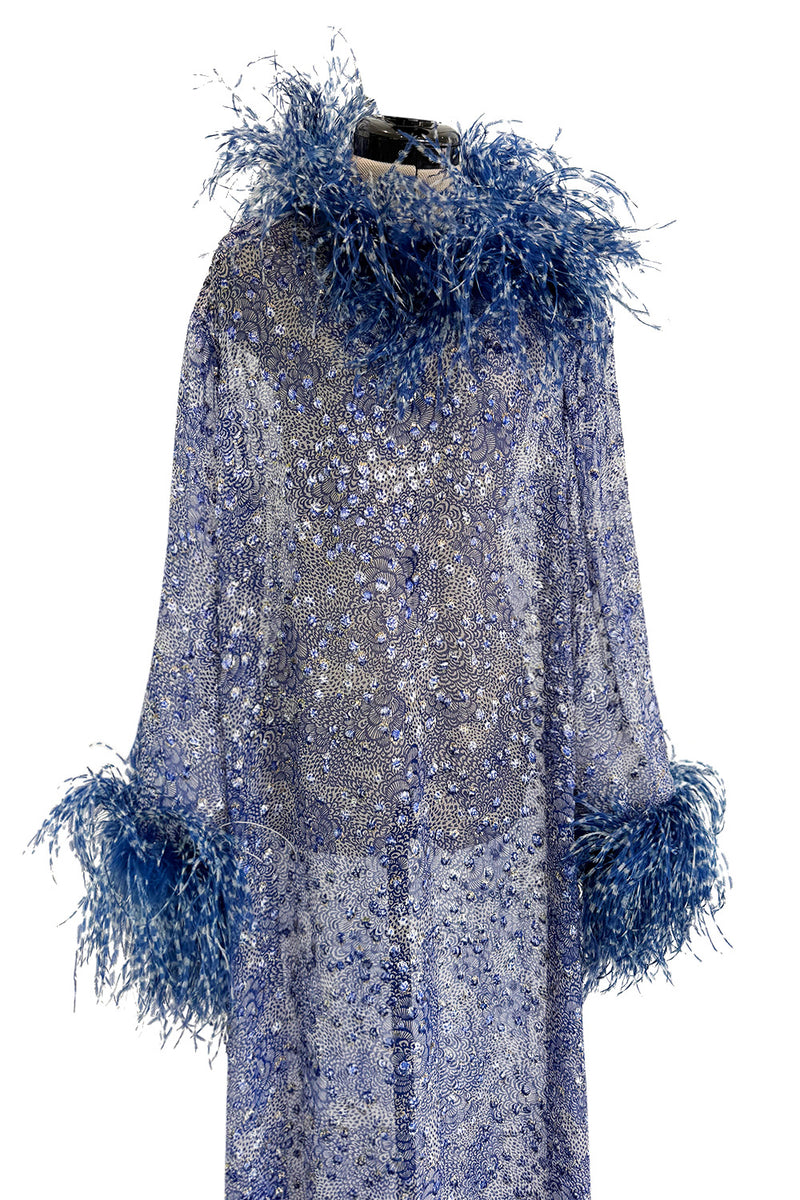1970s Unlabeled Printed Silk Chiffon Dress w Gold & Silver Thread & Feather Collar & Cuffs