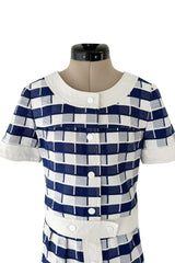 Cutest 1970s Andre Courreges Paris Numbered Hyperbole Blue & White Check Skirt & Jacket Suit Set