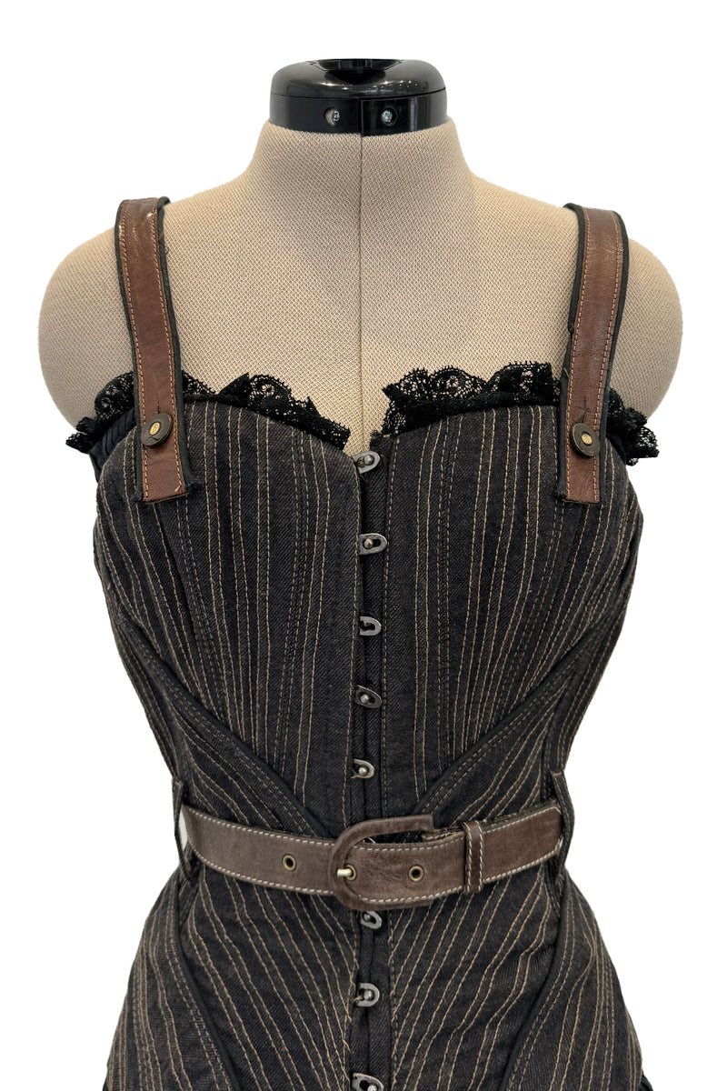 Exceptional Fall 2002 Alexander McQueen Runway Look 44 Corset Mini Dress w Leather Details