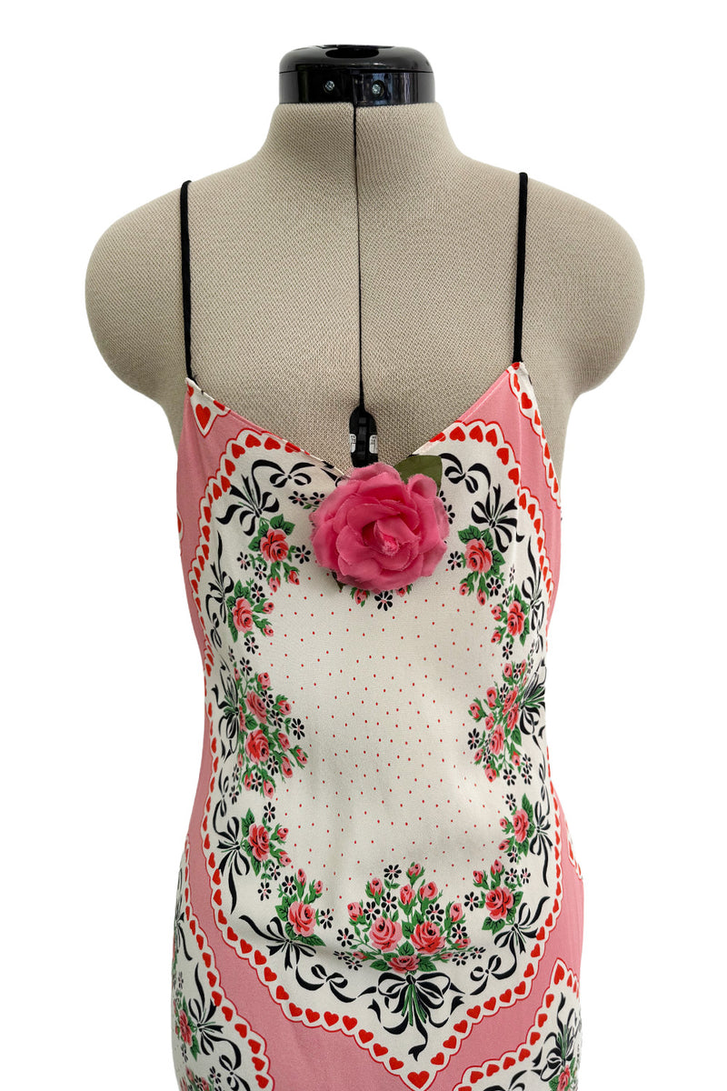 Prettiest Spring 2021 Rodarte Runway Look 20 Bias Cut Silk Pink Print Flower & Hearts Dress w Removable Flower
