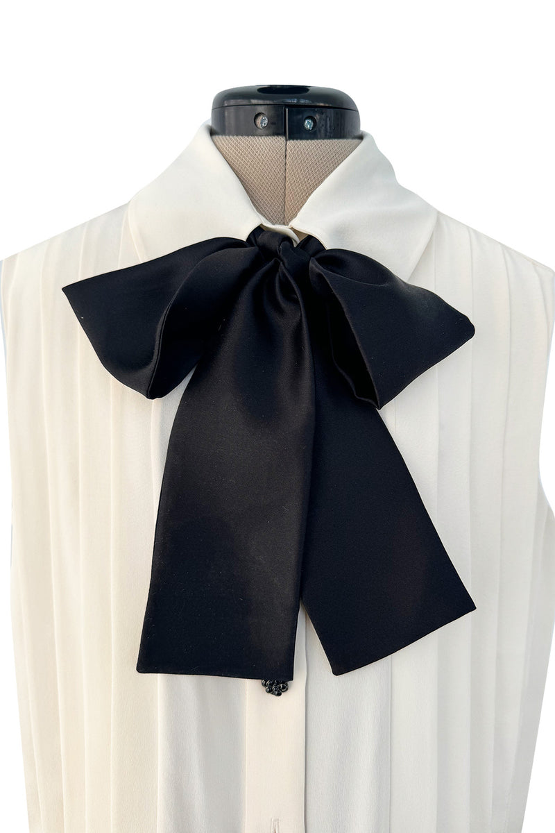 Spring 2015 Chanel by Karl Lagerfeld Runway White Crepe de Chine Pleated Blouse W Handmade Camellia Buttons