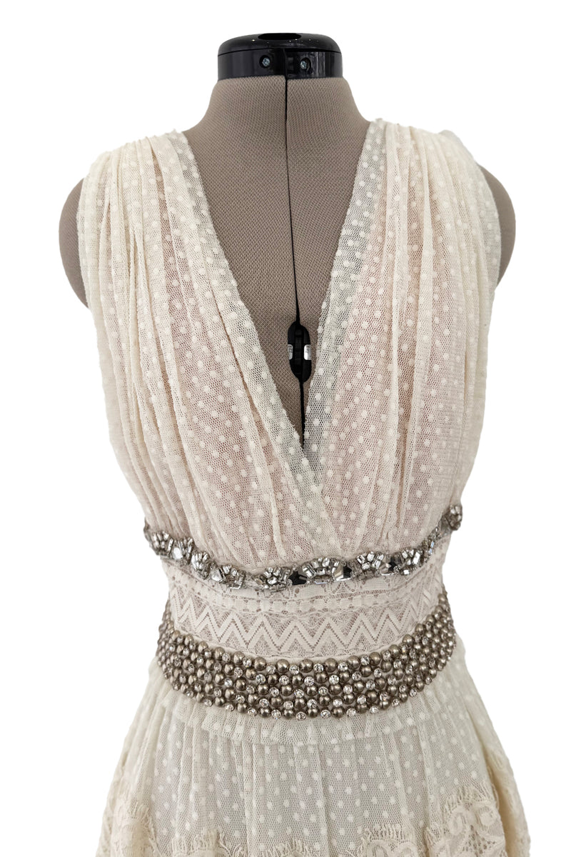 Gorgeous 2010s Lanvin Blanche by Alber Elbaz Dotted Net Plunge Dress w Rhinestone Details