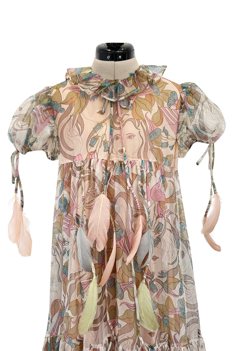 Phenomenal 1960s Gina Fratini Printed Tiered Baby Doll Maxi Dress w Poufed Cap Sleeves & Feather Details