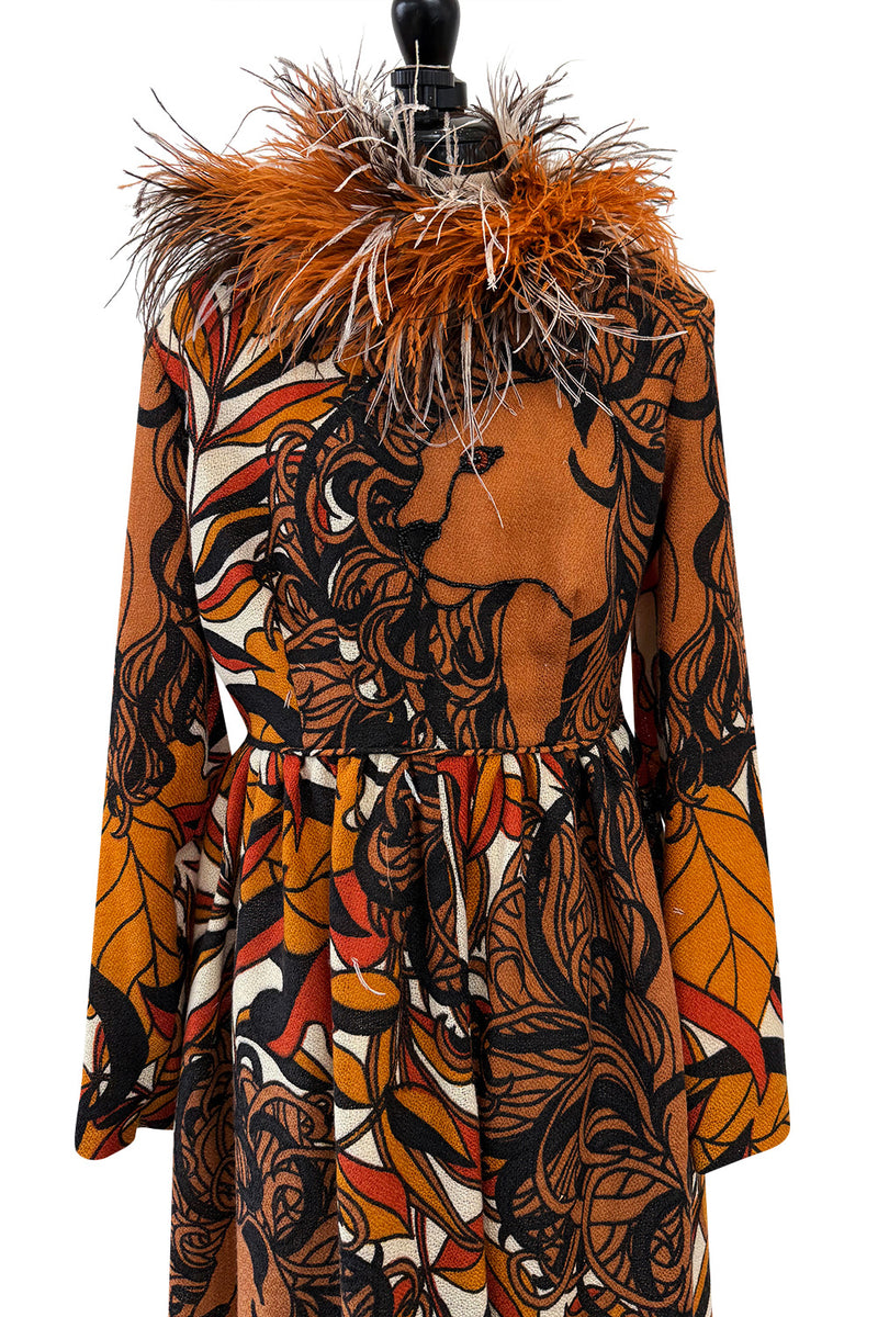 Early 1970s Bill Blass Couture Hand Beaded Lion Print Dress w Elaborate Feather Collar