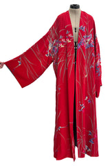 Gorgeous 1970s Hanae Mori Red Silk Kimono Caftan Jacket/Coat w Beautiful Butterfly Print