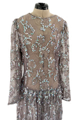 Prettiest 1970s Unlabeled Pale Grey Lace & Blue Grey Glossy Sequin Drop Waist Dress