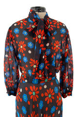 Outstanding Spring 1974 Yves Saint Laurent Floral Print Silk Chiffon Top & Skirt Set