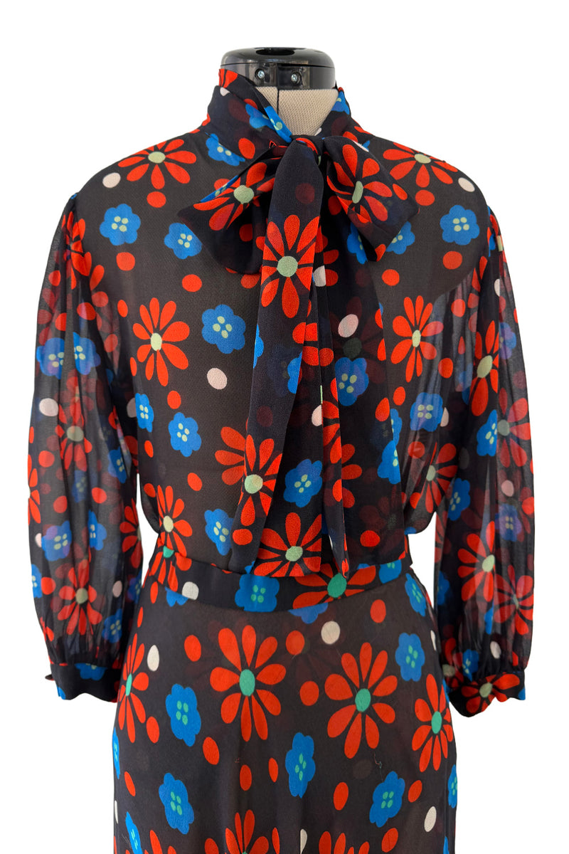 Outstanding Spring 1974 Yves Saint Laurent Floral Print Silk Chiffon Top & Skirt Set