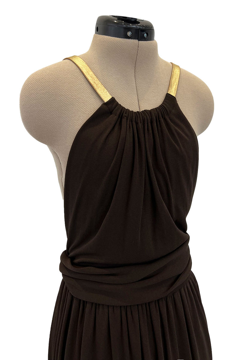 Well Documented Fall 1975 Yves Saint Laurent Brown Silk Jersey w Gold Strap Backless Dress