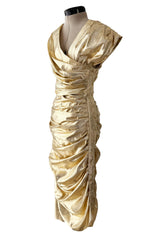 Museum Held 1986 Thierry Mugler Gold Feather Light Lame Dress w Gathered Sides