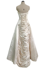 Exceptional 1950s Philip Hulitar Couture Chanpagne Silk Satin Strapess Dress w Elaborate Gathered Panels