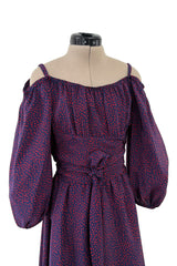 Sweetest Recent Christian Dior Deep Blue Silk Dress w Scattered Red Heart Print & Balloon Sleeves