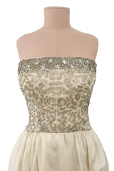 Exceptional 1959 Balenciaga Haute Couture Strapless Ivory Silk Chiffon w Metallic Embroidery