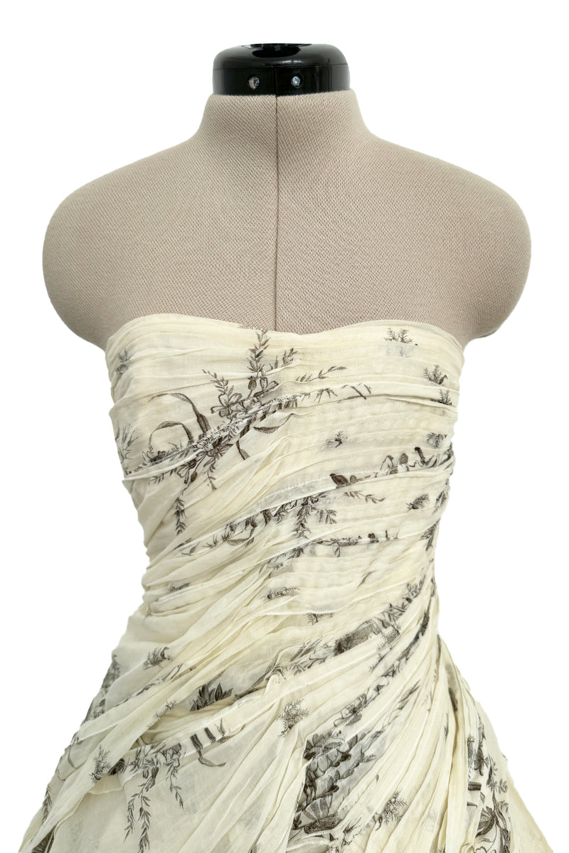 Spring 2004 Prada by Miuccia Variation on Look 52 Printed Ivory Strapless Cotton Dress