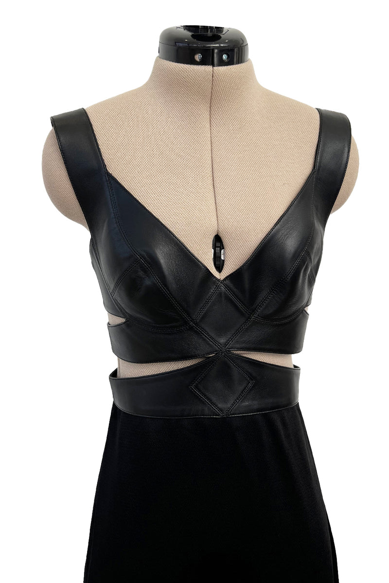 Incredible Fall 2021 Alaia Leather Cut Out Bustier Dress w Cage Back & Hammered Silk Skirt