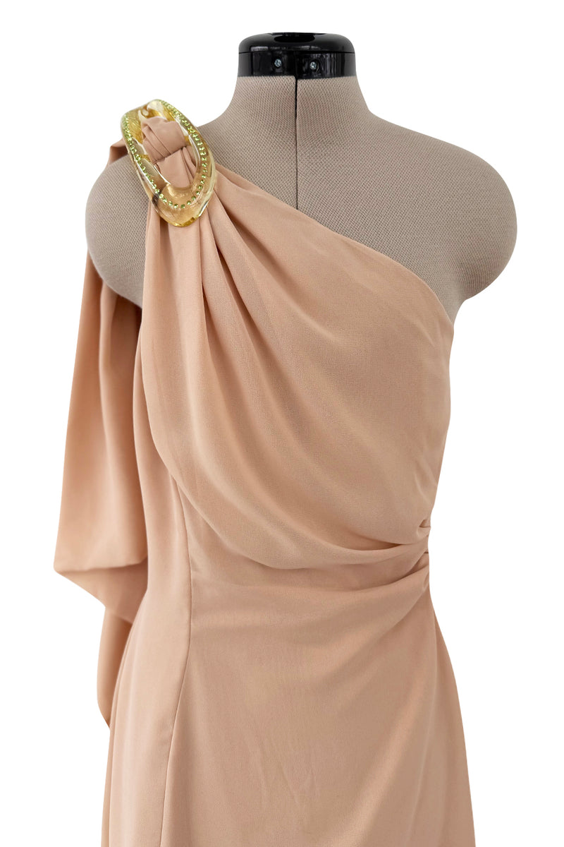 Spectacular Spring 2000 Thierry Mugler Runway Nude Chiffon One Shoulder Dress w Acrylic Detail