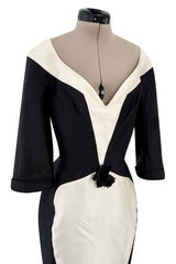 Fall 1995 Thierry Mugler Couture Runway Sculpted Body Shape Black Silk w Ivory Inset Dress