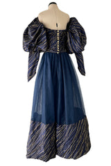 Rare Fall 1986 Chanel by Karl Lagerfeld Runway Blue & Gold Silk Strapless Dress w Removable Sleeves