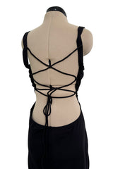 Amazing 1990s Gianni Versace Black Stretch Jersey Dress w Completely Open Lace up Back & Side Slit