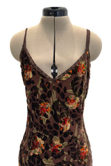 Beautiful Fall 2005 John Galliano Bias Cut Soft Brown Cut Devore Velvet & Chiffon Floral Print Dress