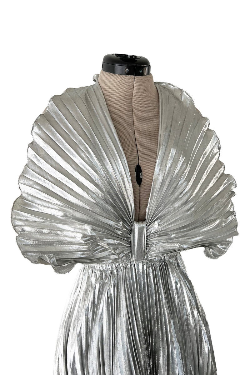 Exceptional 1970s Roland Klein Metallic Silver Lame Pleated Fan Dress w Completely Open Bare Back