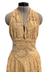 1970s Lanvin by Jules-Francois Crahay Couture Deep Yellow Lace Halter Dress w Wide Band at the Waist