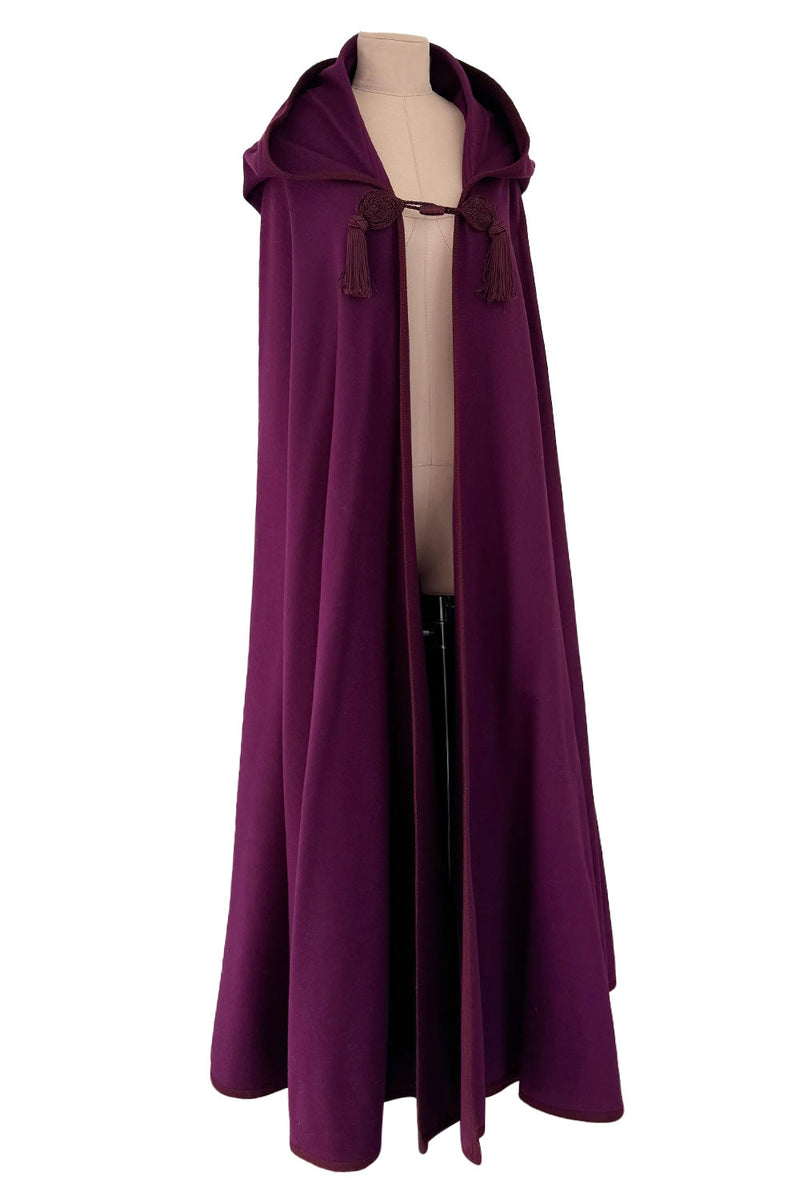 Iconic Fall 1976 Yves Saint Laurent Deep Purple Hooded Cape w Braided Edges & Tassel Details