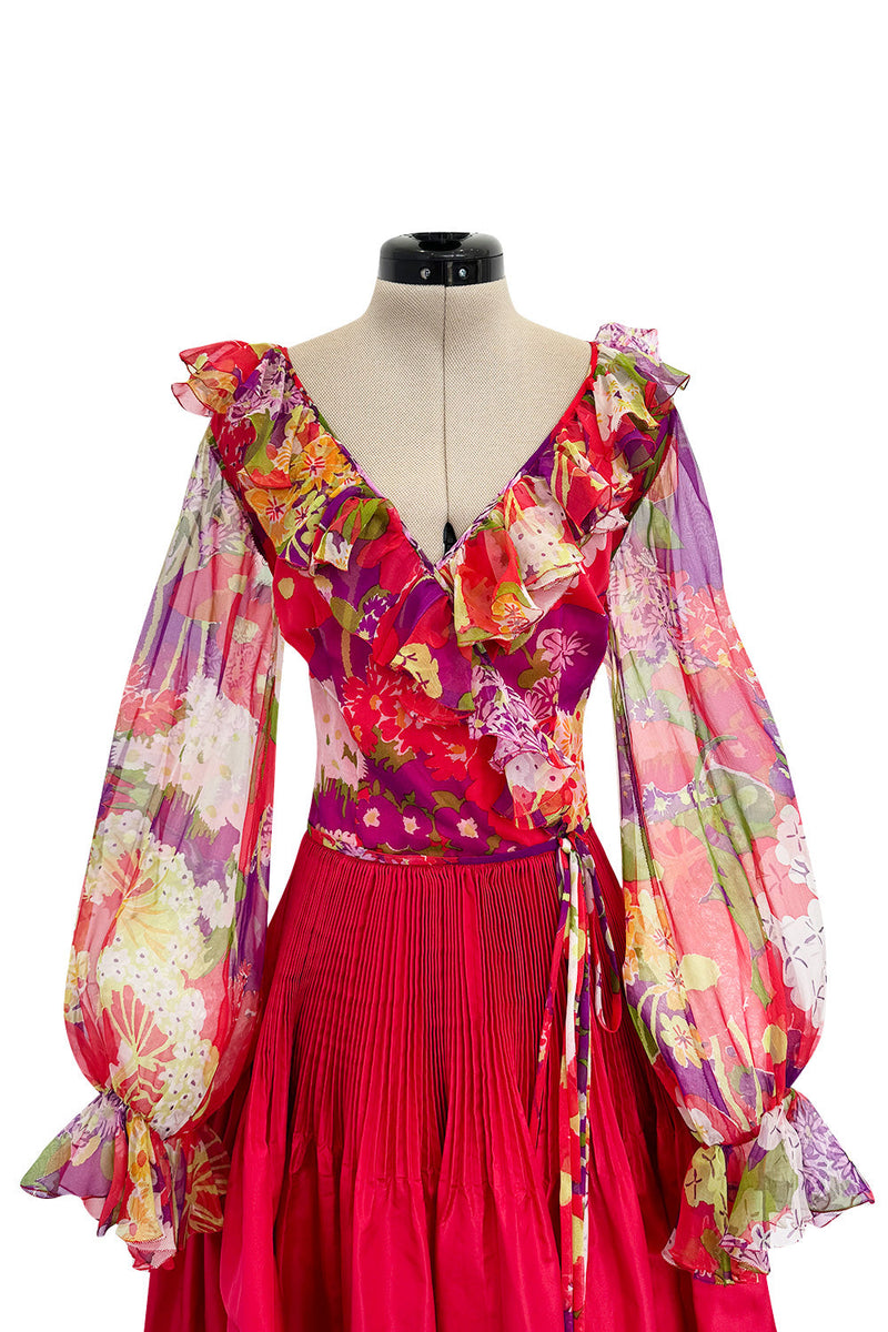 Incredible 1972 Yves Saint Laurent Red Floral Silk Chiffon & Red Silk Dress w Balloon Sleeves & Pleat Detailing