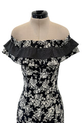 Ultra Rare Spring 1993 Versace by Gianni  Versace Silk Black & White Printed Off Shoulder Bell Bottom Jumpsuit