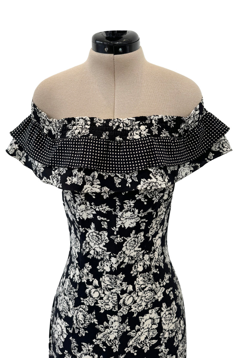 Ultra Rare Spring 1993 Versace by Gianni  Versace Silk Black & White Printed Off Shoulder Bell Bottom Jumpsuit