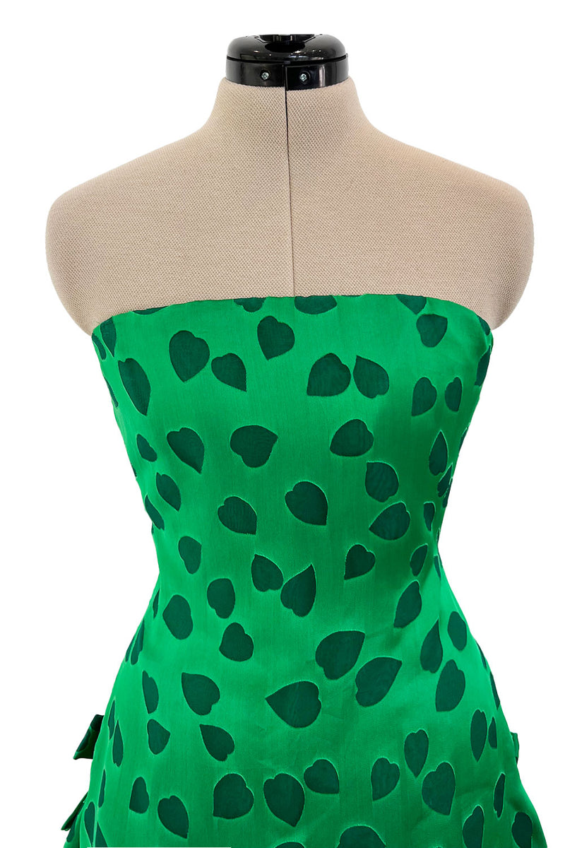 1980s Arnold Scaasi Brillaint Emerald Green Strapless Dress w Woven Heart Print & Bows