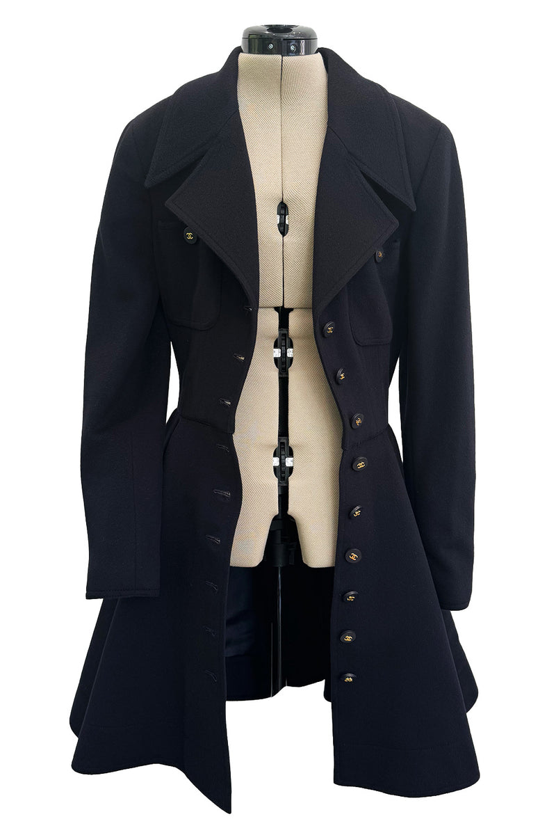 Amazing Fall 1994 Chanel by Karl Lagerfeld Runway Look 20 Deep Blue Black Cashmere Flare Jacket