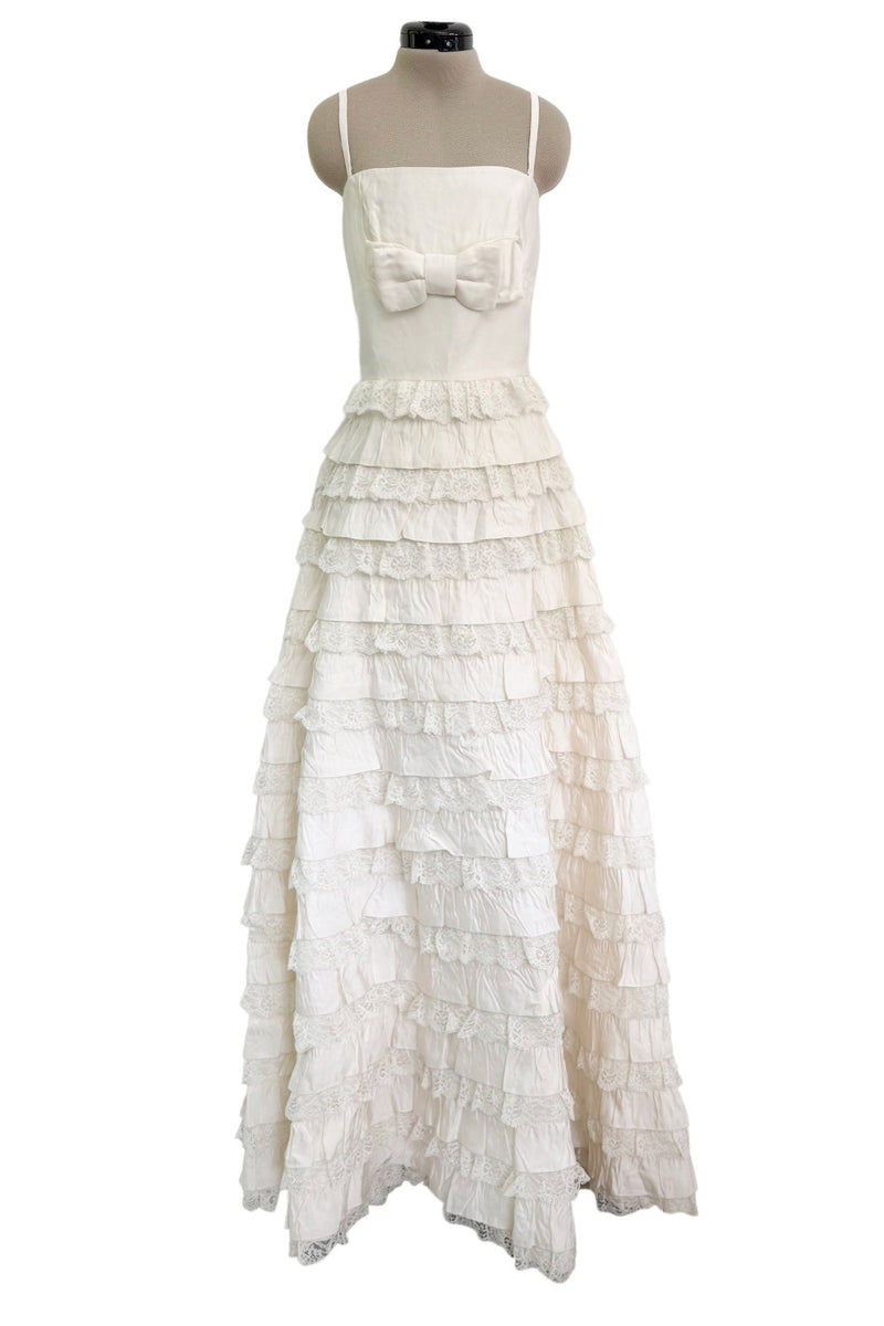 Dreamiest 2010s Valentino Off White Silk Wedding Dress w Tiered Ivory Lace & Ruffle Skirt