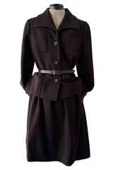 Chic 1960s Norman Norell Deep Brown Skirt & Jacket Suit Set w Belt & Hand Written Tag